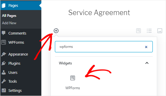 Add WP Forms Block to block page