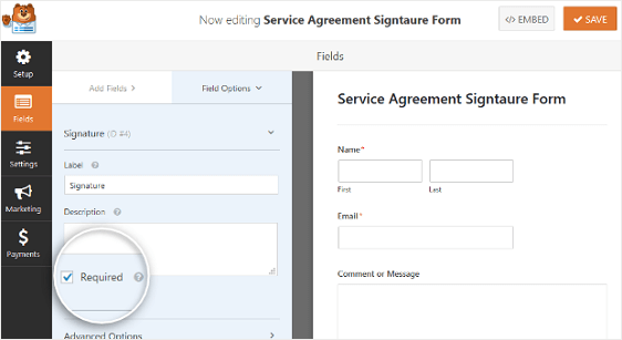 Require Field setting in Wp Signature Forms