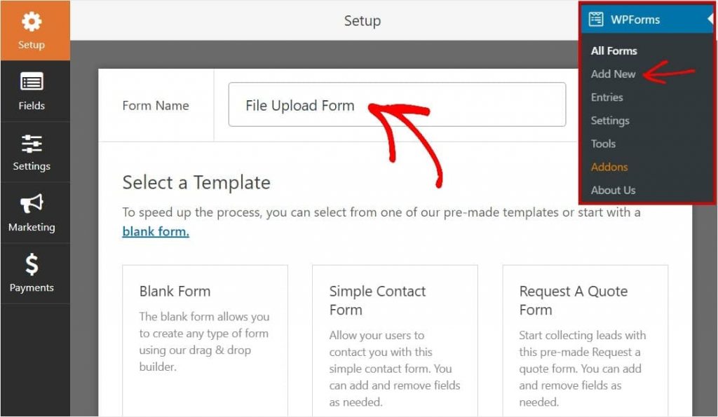 Name field Upload Form using WPForms