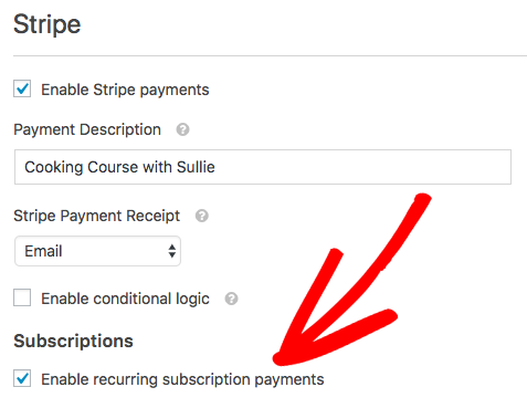 enable recuuring subscriptions in WPForms stripe addon