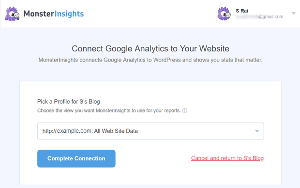 Pick up a Profile from google account - MonsterInsights