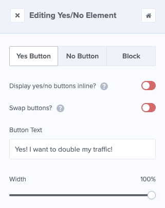 Yes/No button editing tools in the sidebar - OptinMonster