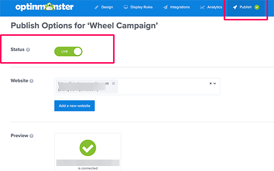How to Create Spin to Win Campaigns in WooCommerce and Shopify - Publish your campaign - OptinMonster