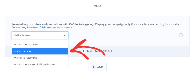 Choose visitors is new - How to Set Display Rules in OptinMonster