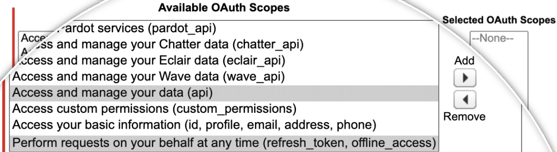 Select Oauth Scopes for salesforce